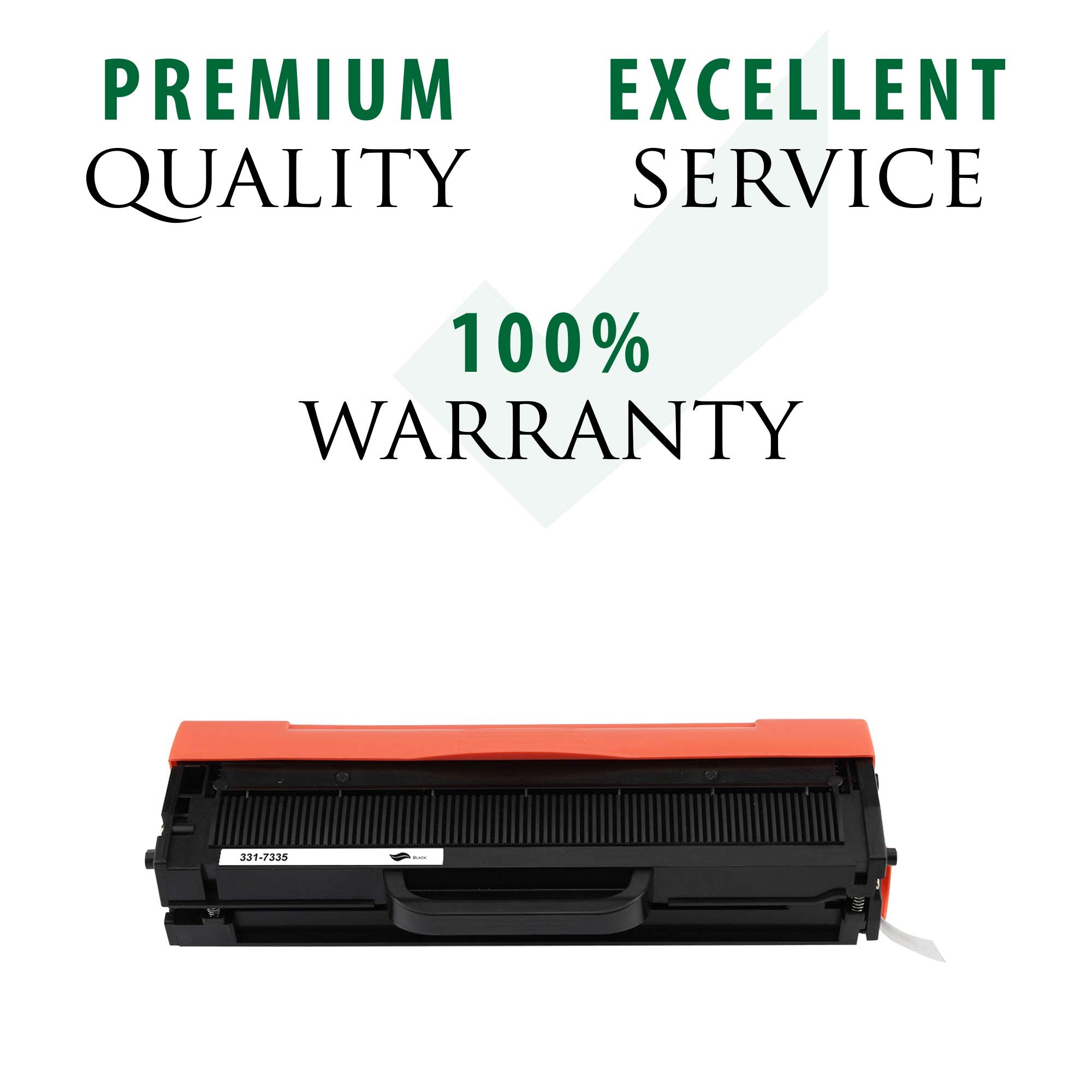 Black toner cartridge with orange top, premium quality and 100% warranty badge