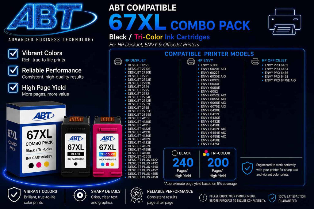 ABT Compatible 67XL Ink Cartridge Combo Pack Replacement for HP 67XL Black and Tri-Color Ink Cartridges High Yield 240 Black 200 Tri-Color Works with DeskJet 2755e ENVY 6455e