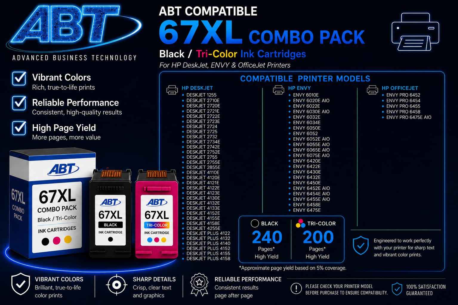 ABT Compatible 67XL Ink Cartridge Combo Pack Replacement for HP 67XL Black and Tri-Color Ink Cartridges High Yield 240 Black 200 Tri-Color Works with DeskJet 2755e ENVY 6455e