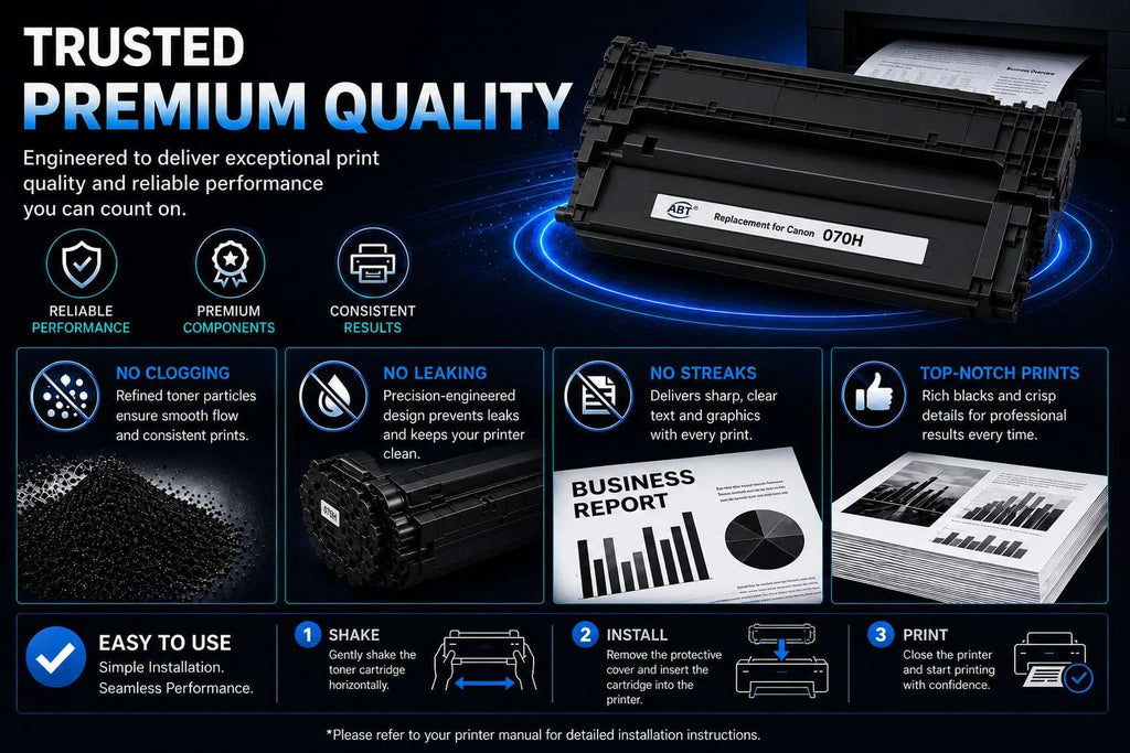 Product information for ABT Compatible Canon 070H toner cartridge, featuring premium quality and detailed specifications.