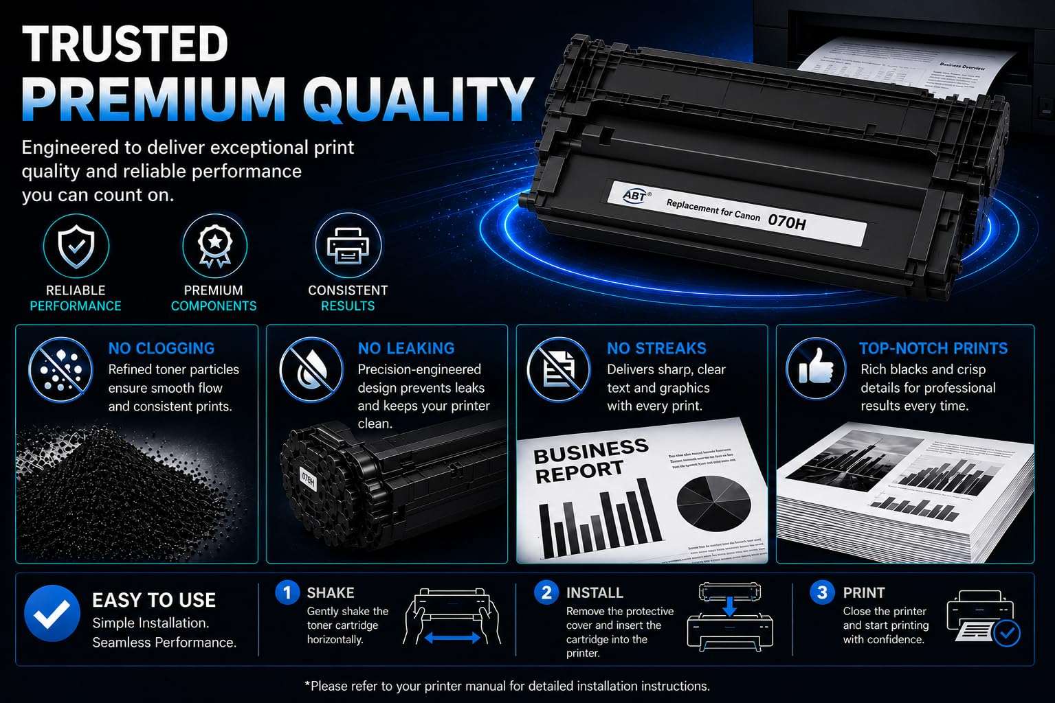 Product information for ABT Compatible Canon 070H toner cartridge, featuring premium quality and detailed specifications.