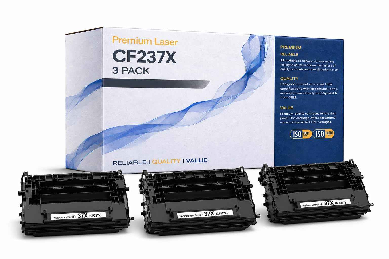 Front view of the ABT compatible CF237X toner cartridge 3-pack in blue and white packaging.