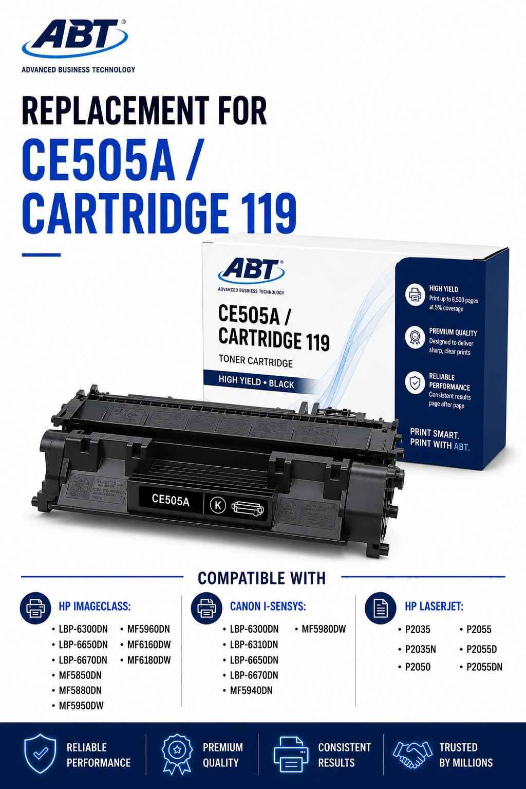 ABT Compatible CE505A Toner Cartridge Replacement for HP 05A CE505A 05X CE505X and Canon Cartridge 119 119 II Black Toner Cartridge Works with imageCLASS MF6160dw MF6180dw LBP6670dn P2055dn Printers