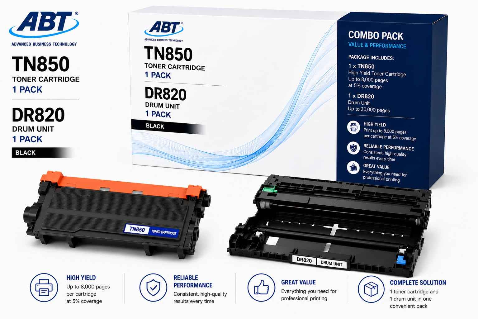 Front view of the packaging box for ABT Compatible TN850 toner cartridge and DR820 drum unit in black and orange.
