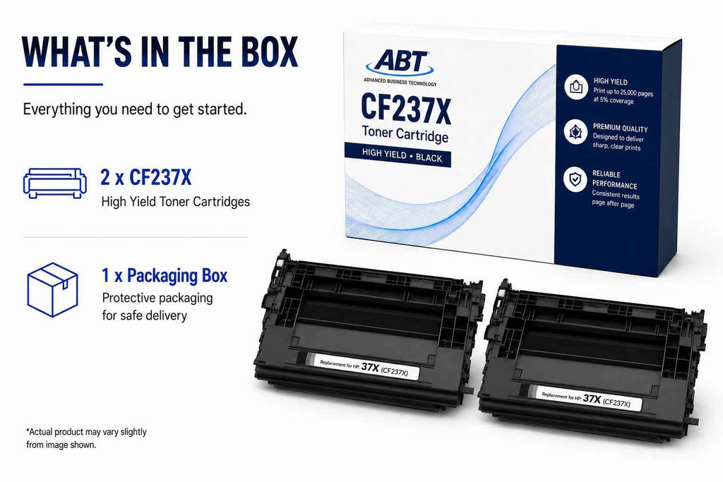 Front view of ABT CF237X toner cartridge packaging highlighting what's included in the 2-pack.