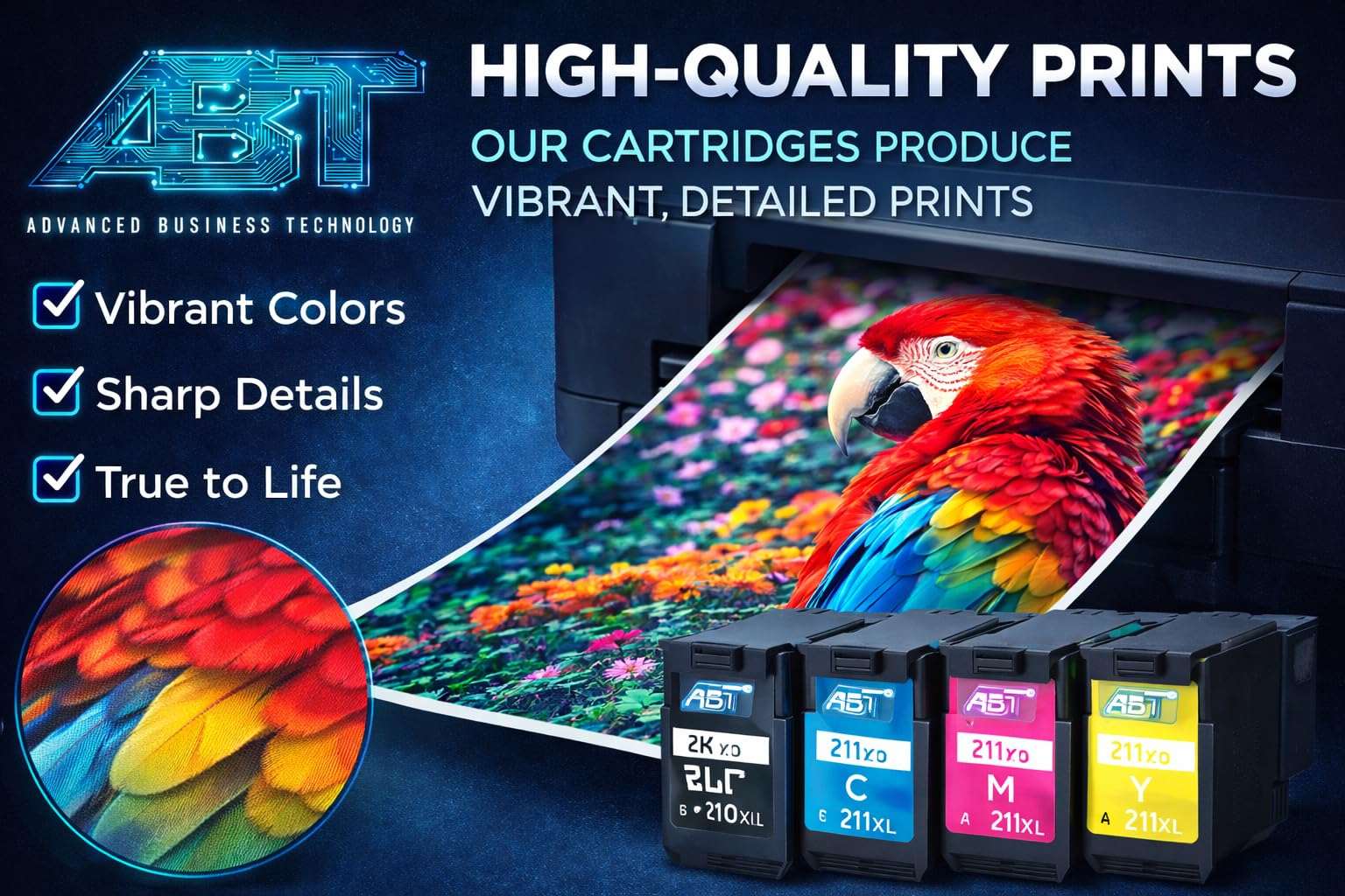 Vibrant color parrot photo printed with ABT 210XL and 211XL replacement cartridges for sharp, detailed results.