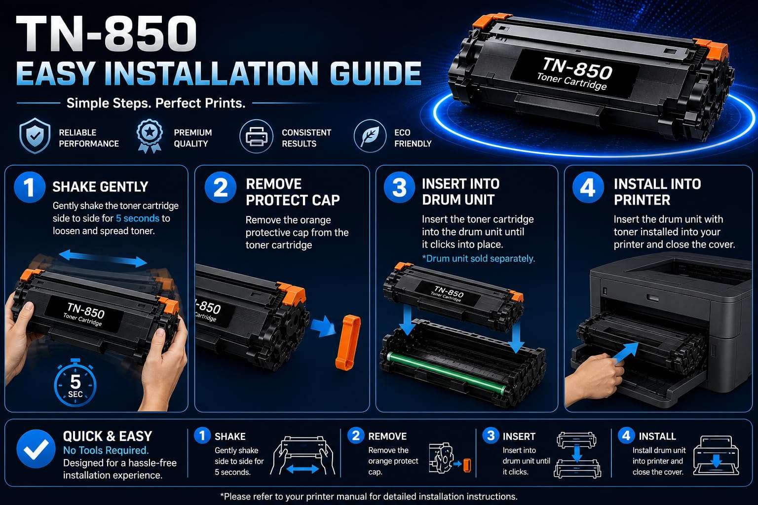 Installation guide for ABT Compatible TN850 toner cartridge and DR820 drum unit with easy installation steps.