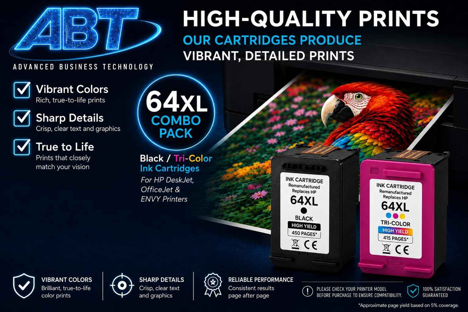 ABT Compatible 64XL Ink Cartridge Combo Pack Replacement for HP 64XL Black and Tri-Color Ink Cartridges High Yield 450 Black 415 Tri-Color Works with ENVY Photo 7855e 6255e Tango X
