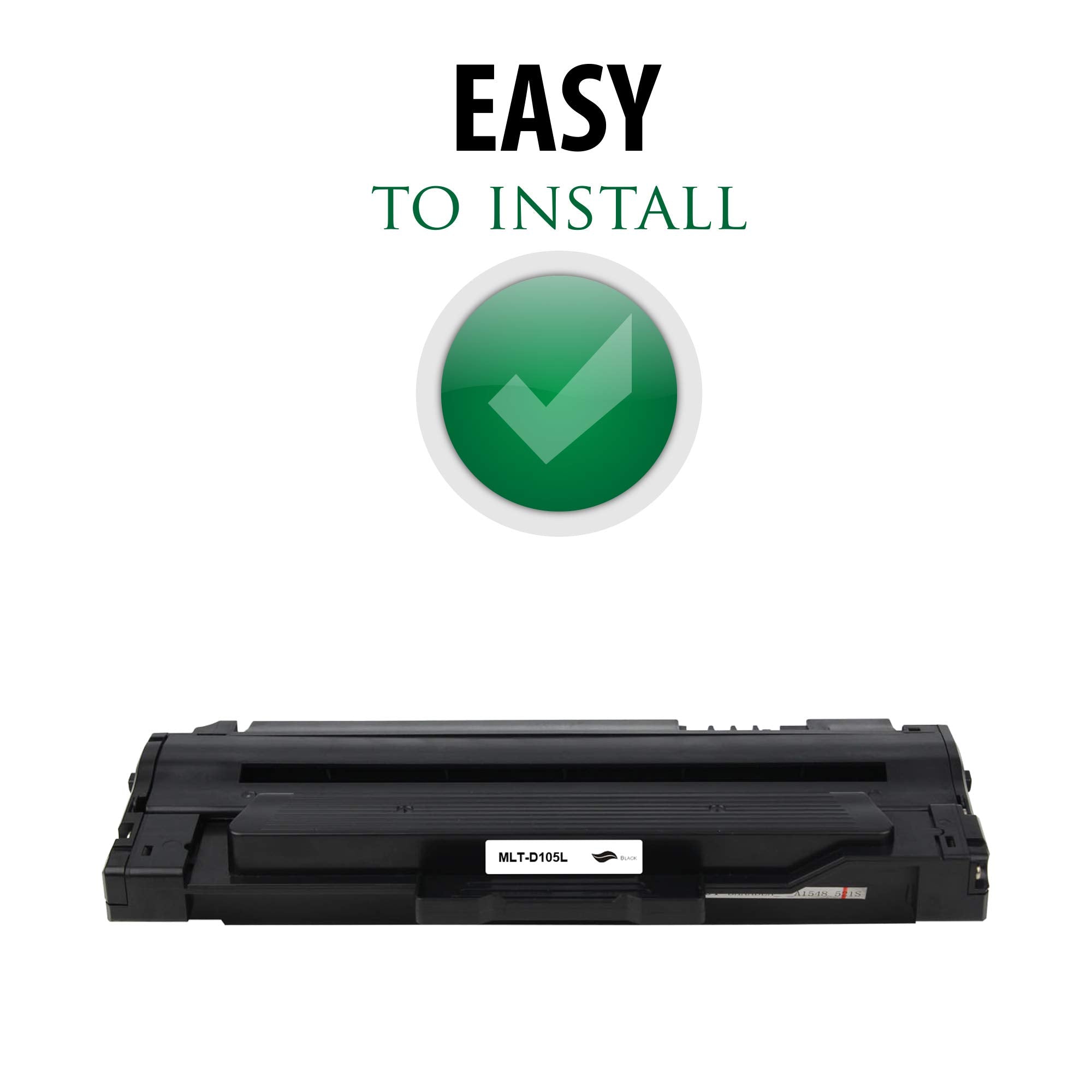 Black toner cartridge with green check Easy to install badge
