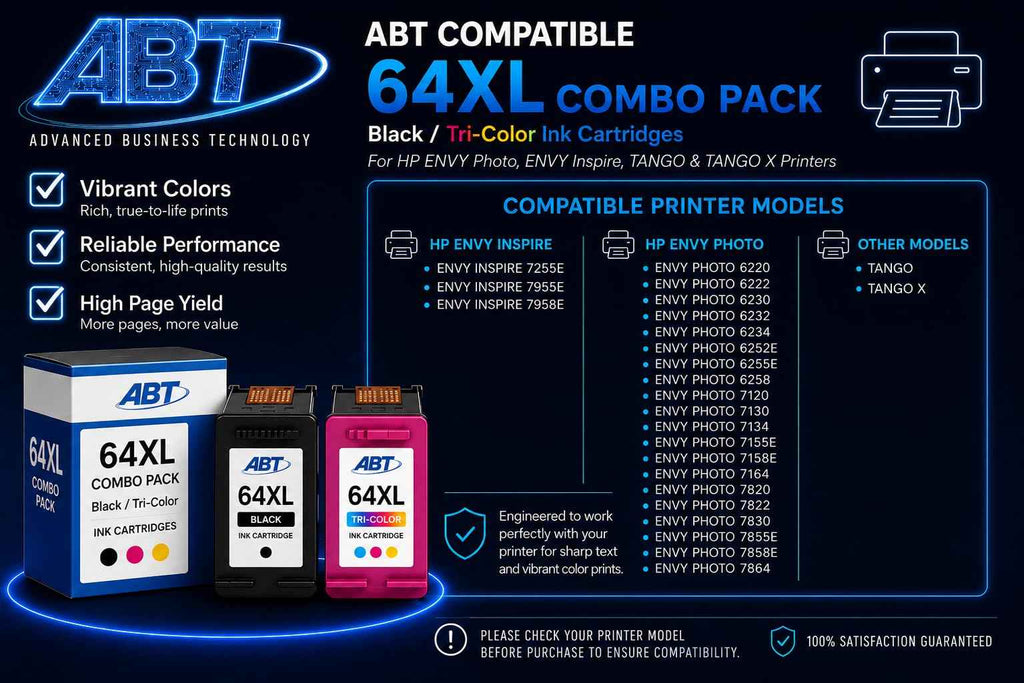 ABT Compatible 64XL Ink Cartridge Combo Pack Replacement for HP 64XL Black and Tri-Color Ink Cartridges High Yield 450 Black 415 Tri-Color Works with ENVY Photo 7855e 6255e Tango X
