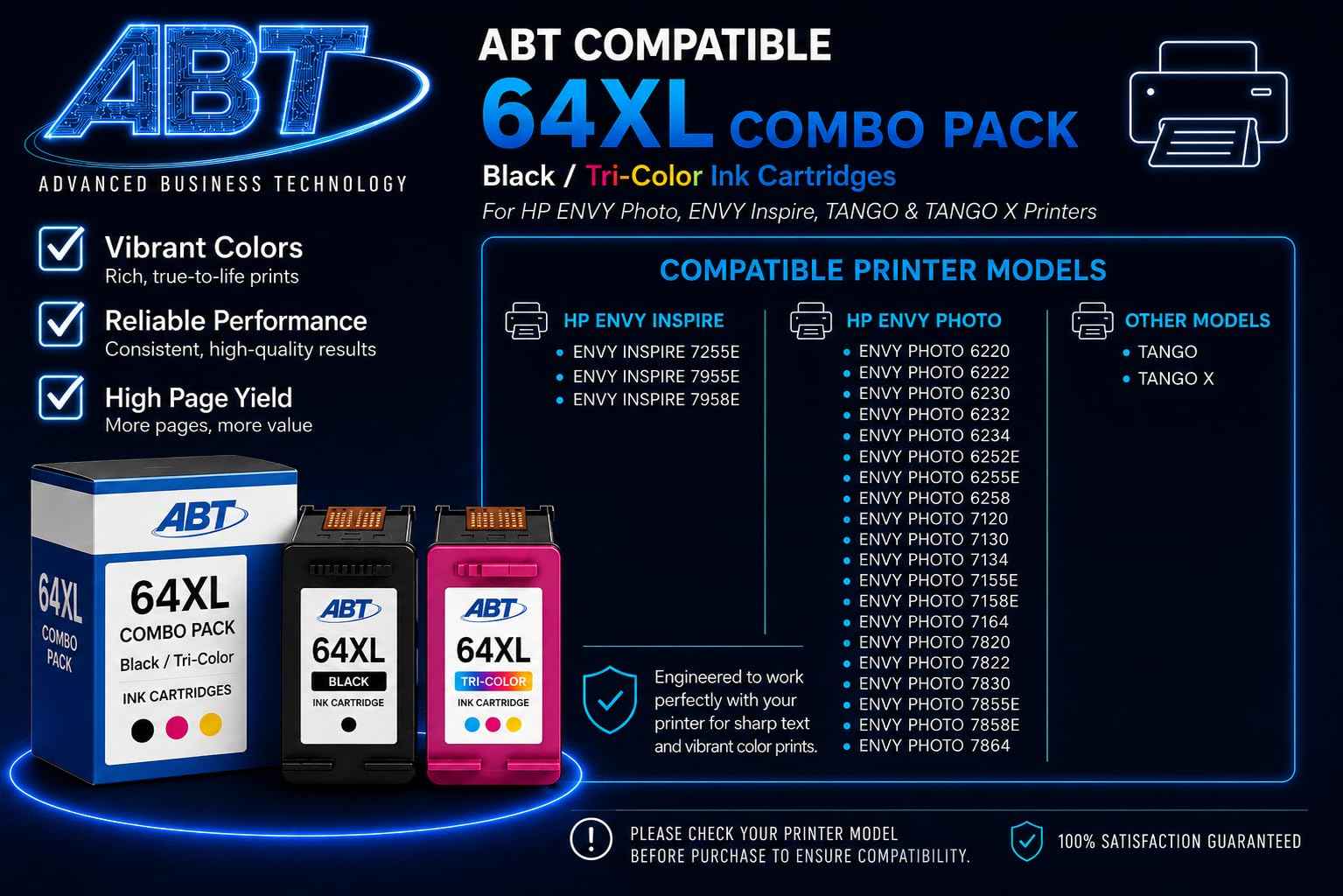 ABT Compatible 64XL Ink Cartridge Combo Pack Replacement for HP 64XL Black and Tri-Color Ink Cartridges High Yield 450 Black 415 Tri-Color Works with ENVY Photo 7855e 6255e Tango X