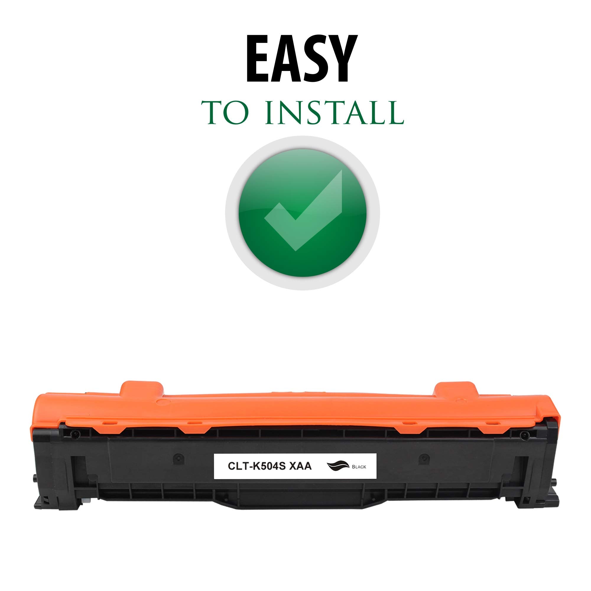 Black toner cartridge with orange top in centered layout, front view.