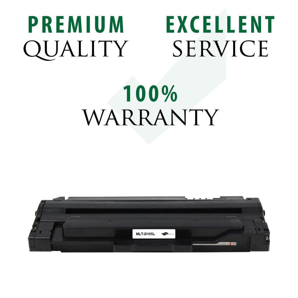Black toner cartridge with 100% warranty badge