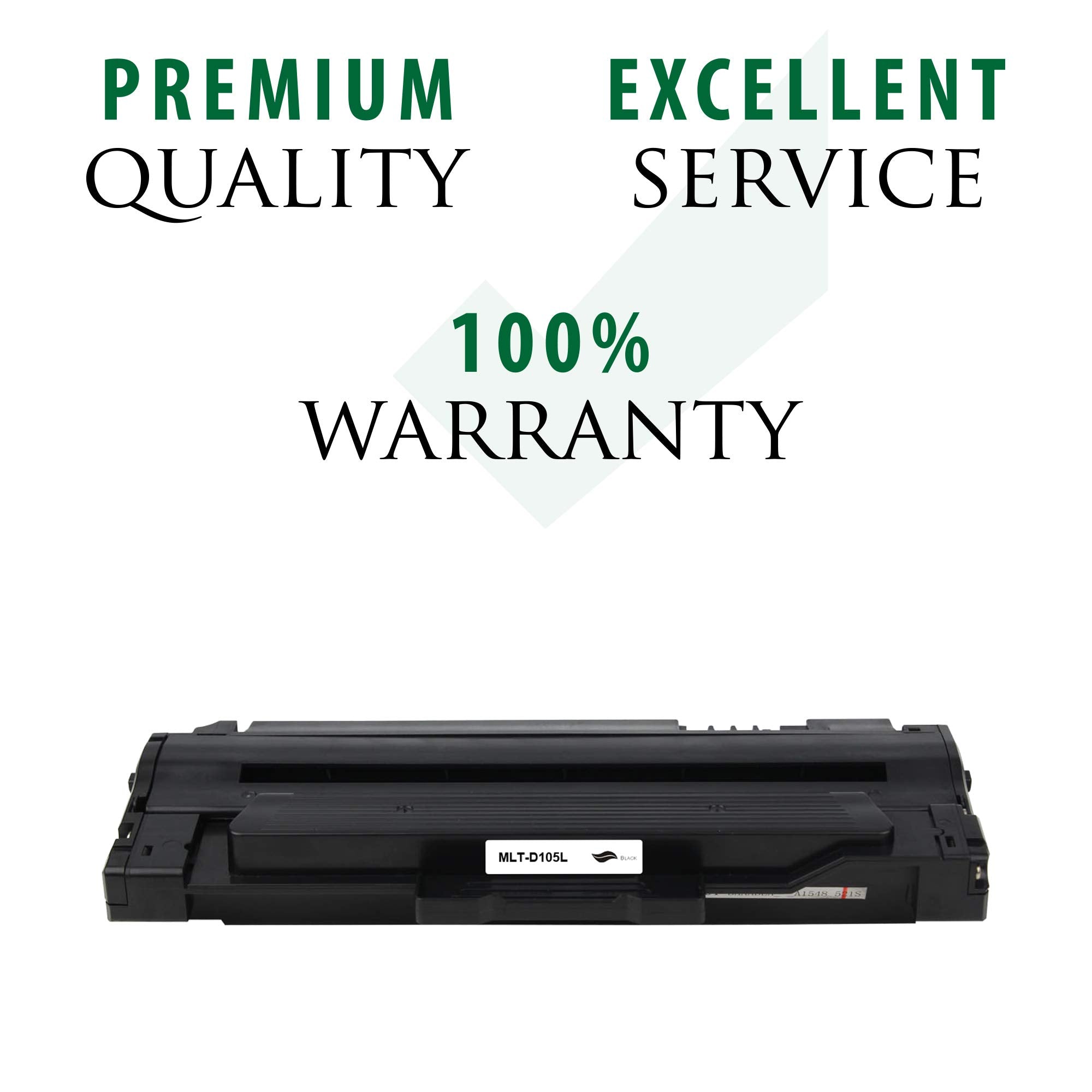 Black toner cartridge with 100% warranty badge