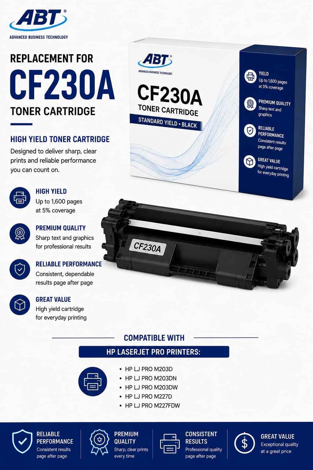 Advanced Business Technology ABT Compatible CF230A Toner Cartridge Replacement for HP 30A CF230A and 30X CF230X Black Toner Cartridge with Chip Works with LJ Pro M203dn M203dw M227fdw M227fdn