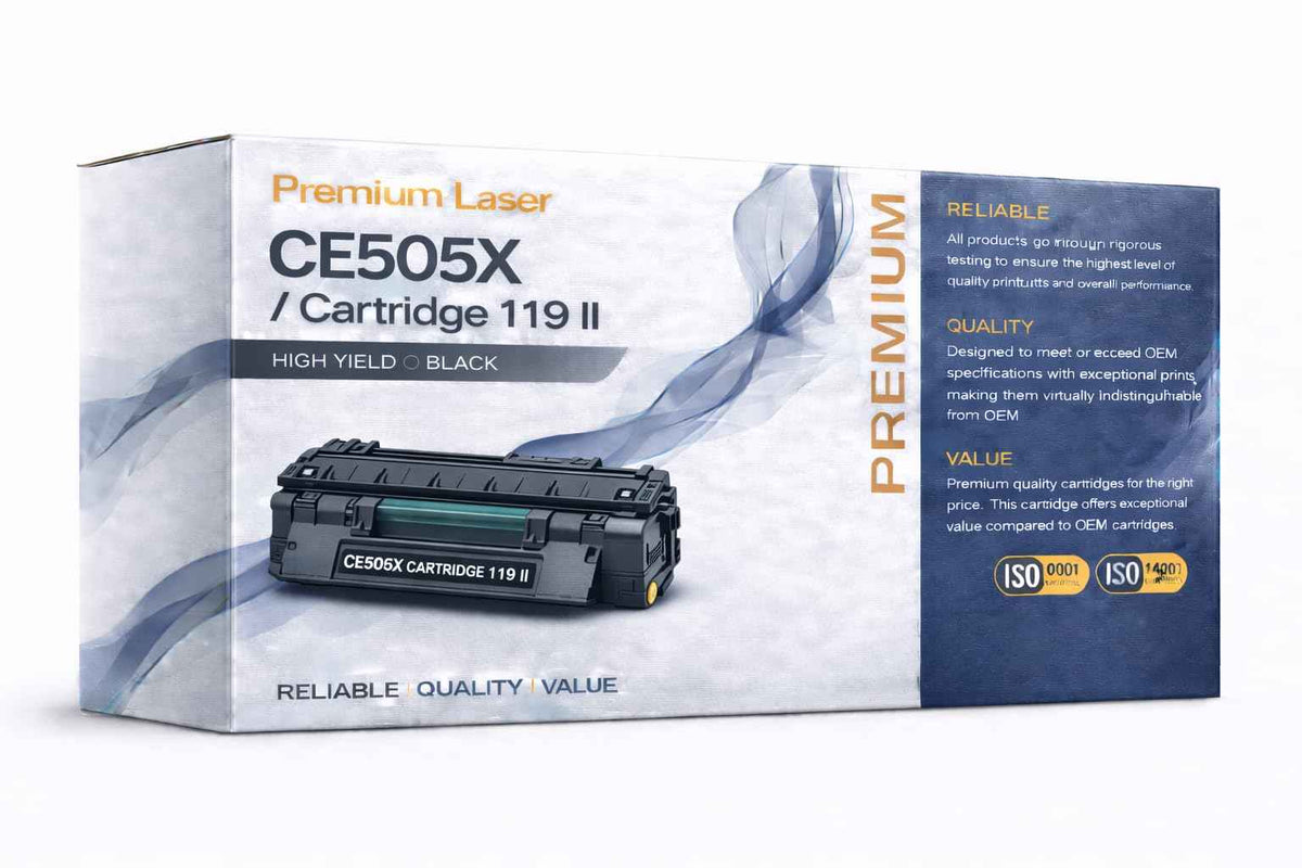 Black CE505X toner cartridge with Cartridge 119 II packaging