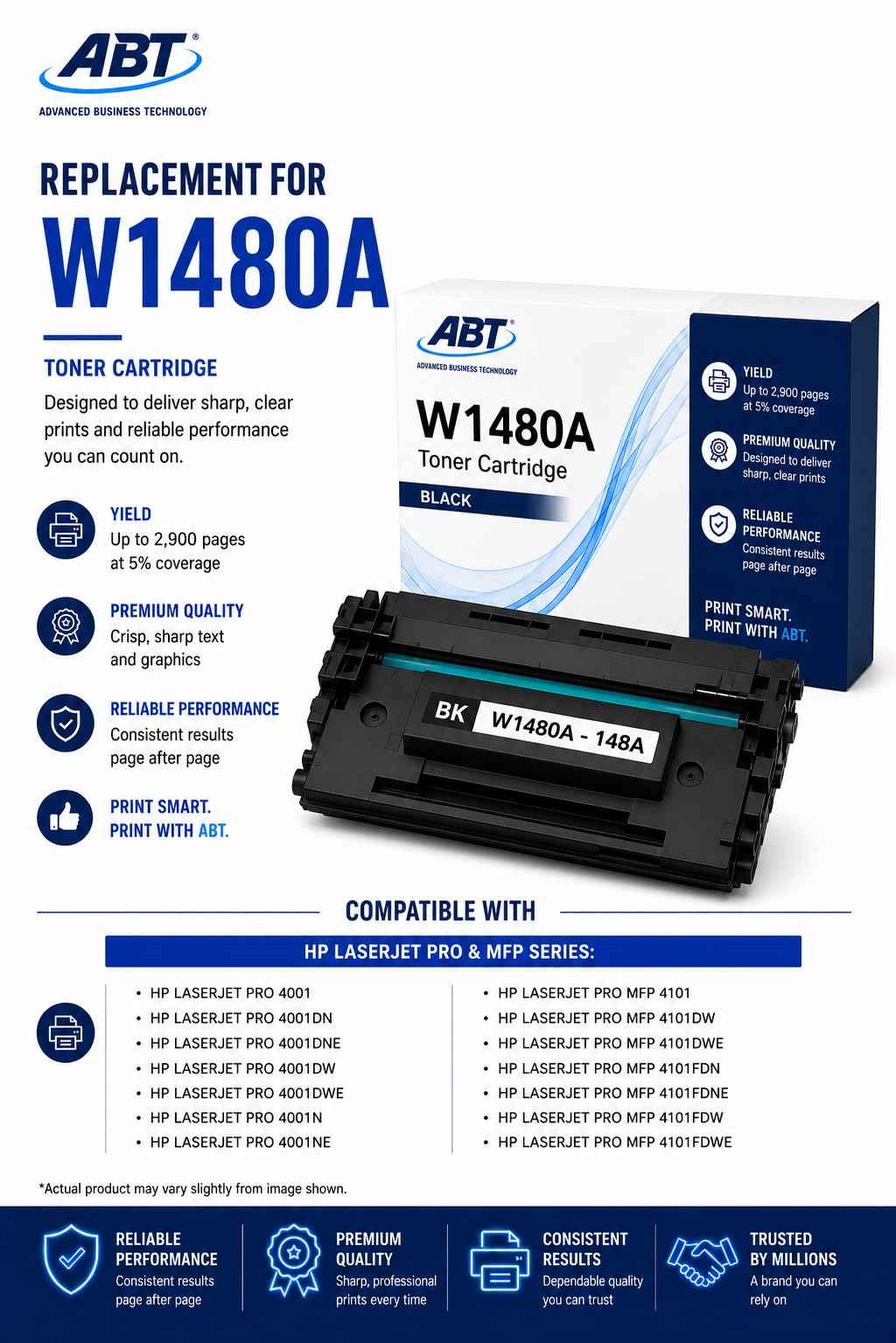 ABT Compatible W1480A Toner Cartridge Replacement for HP 148A Toner Cartridge W1480A 148X W1480X Black Toner Cartridge with Chip Works with LaserJet Pro 4001dn 4001dw MFP 4101fdw Printers