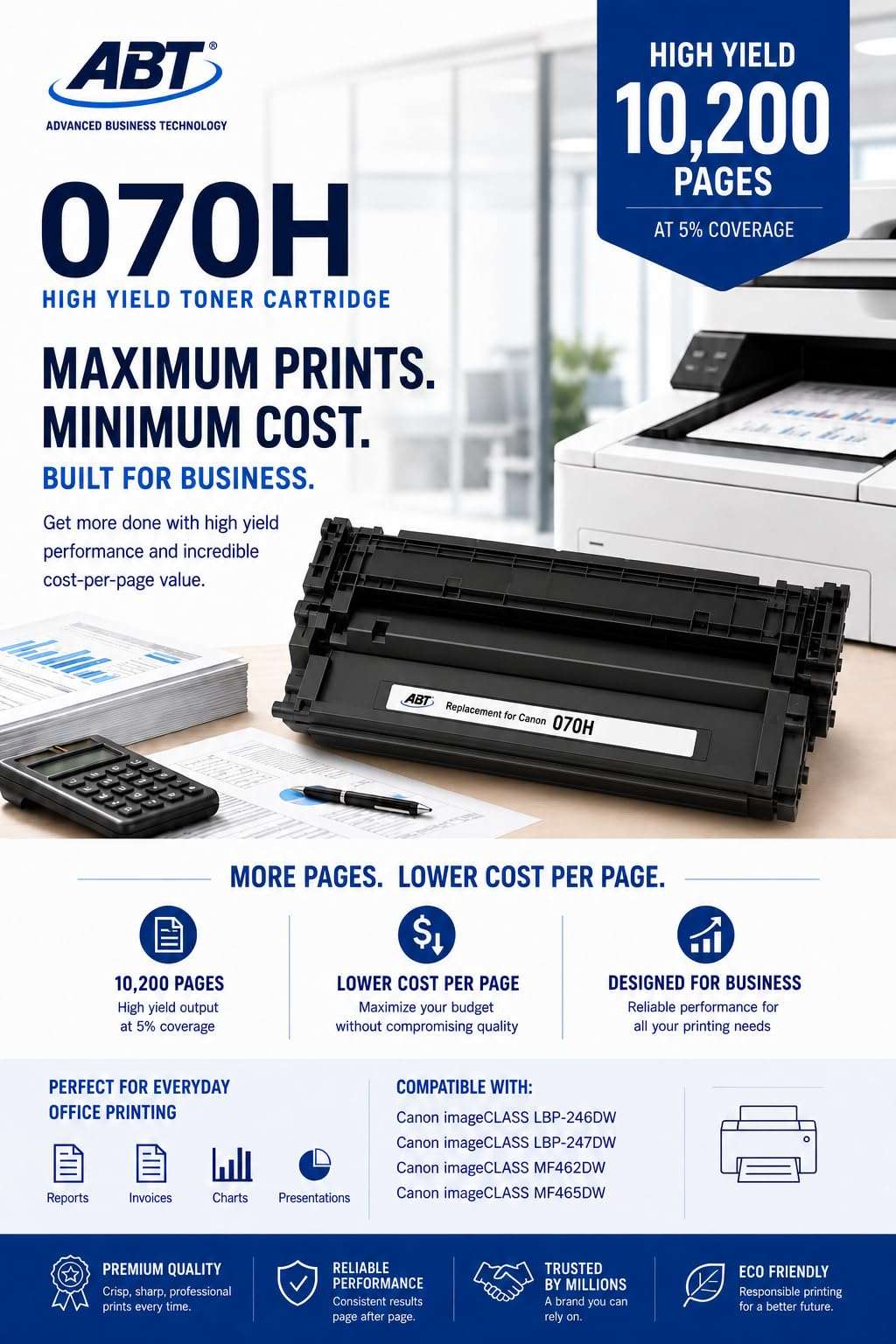Front view of packaging for ABT Compatible Canon 070H toner cartridge, displaying high yield and specifications.