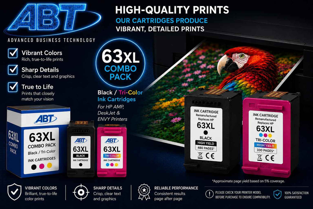 ABT Compatible 63XL Ink Cartridge Combo Pack Replacement for HP 63XL Black and Tri-Color Ink Cartridges High Yield 480 Black 330 Tri-Color Works with DeskJet 3630 OfficeJet 4655 ENVY 4520