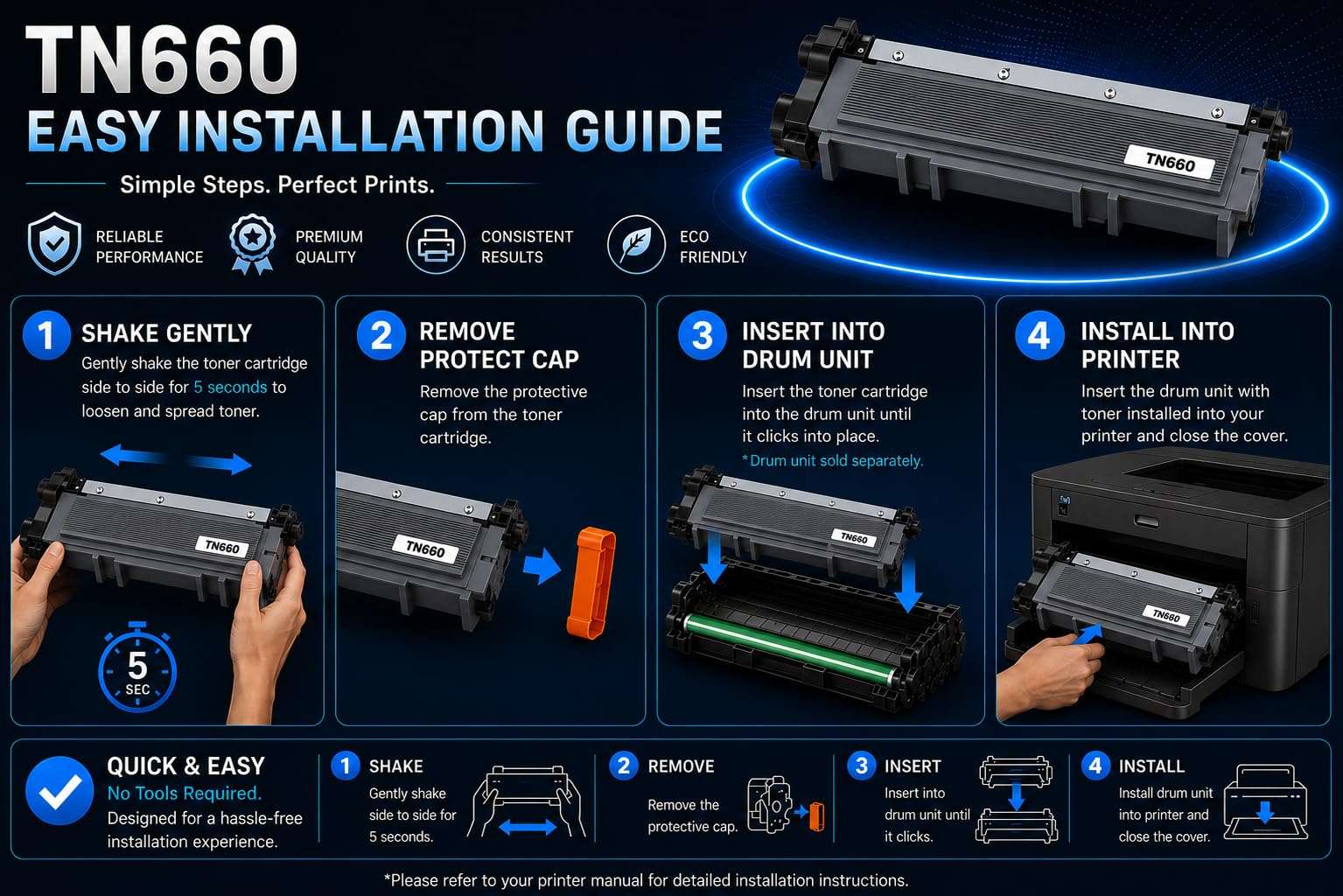 Packaging view of ABT compatible TN660 toner cartridge with step-by-step installation guide.