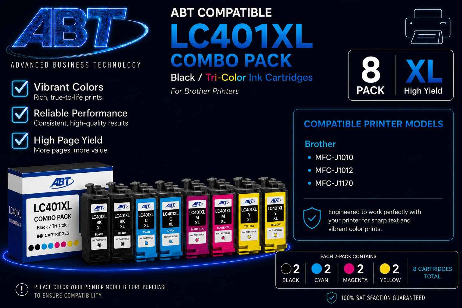 ABT Compatible LC401XL Ink Cartridge Combo Pack 2 Pack Replacement for Brother LC401XL Black Cyan Magenta Yellow Ink Cartridges High Yield Works with MFC-J1010DW MFC-J1012DW MFC-J1170DW