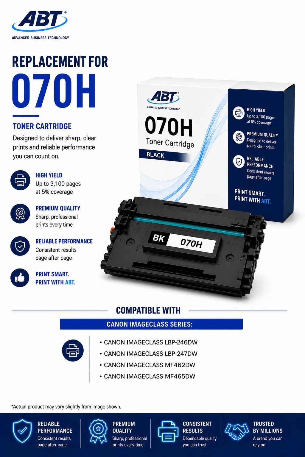 Close-up detail of ABT Compatible Canon 070H toner cartridge, highlighting high-yield label and compatibility.