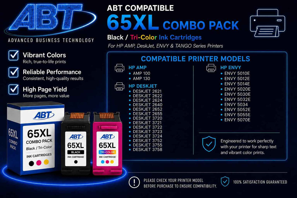 ABT Compatible 65XL Ink Cartridge Combo Pack Replacement for HP 65XL Black and Tri-Color Ink Cartridges High Yield 330 Black 300 Tri-Color Works with DeskJet 3755 2655 ENVY 5055e
