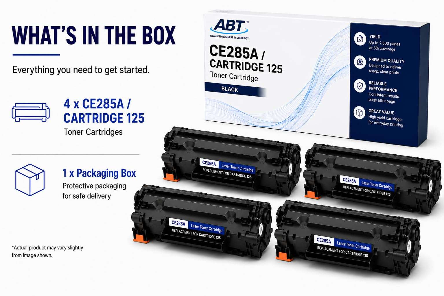 Packaging of ABT Compatible CE285A toner cartridge set featuring four cartridges in black, blue, and white.
