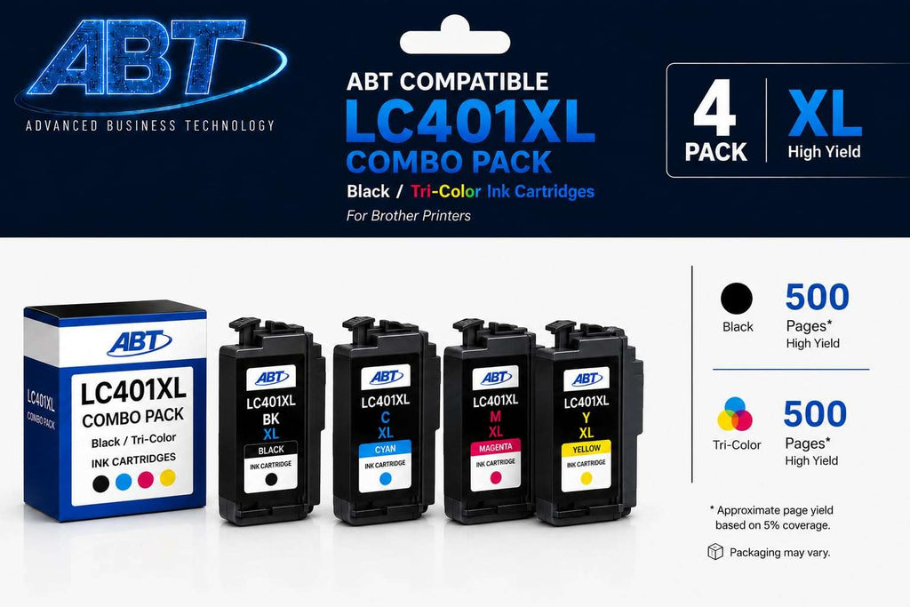 ABT Compatible LC401XL Ink Cartridge Combo Pack Replacement for Brother LC401XL Black Cyan Magenta Yellow Ink Cartridges High Yield Works with MFC-J1010DW MFC-J1012DW MFC-J1170DW