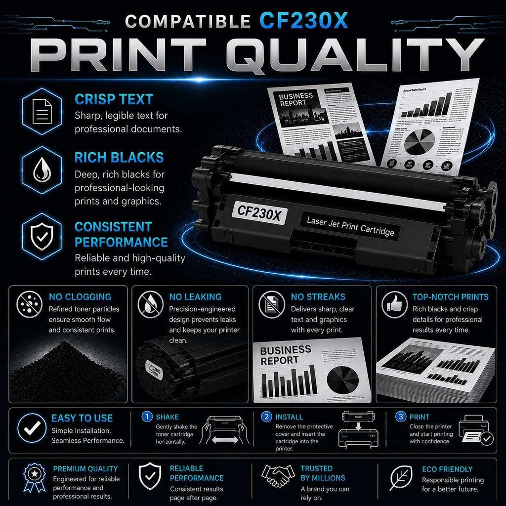 Front view of toner cartridge features, emphasizing high performance and cost-effectiveness on a white background.