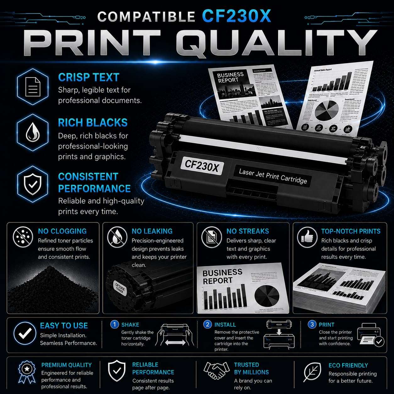 Front view of toner cartridge features, emphasizing high performance and cost-effectiveness on a white background.