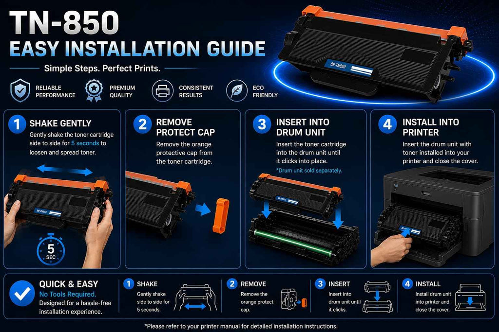 Packaging shot of ABT TN850 toner cartridge features, emphasizing easy installation and high yield in black, blue, and white.
