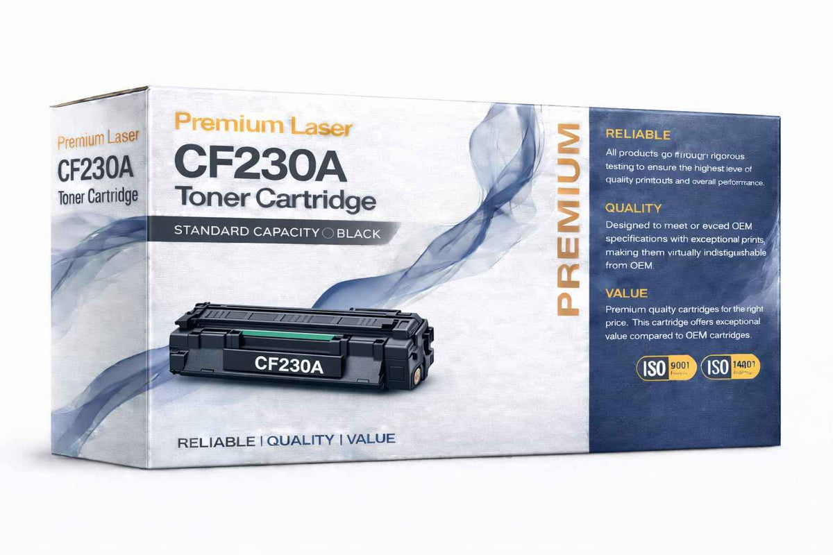 Black CF230A toner cartridge in retail box with wrapped packaging