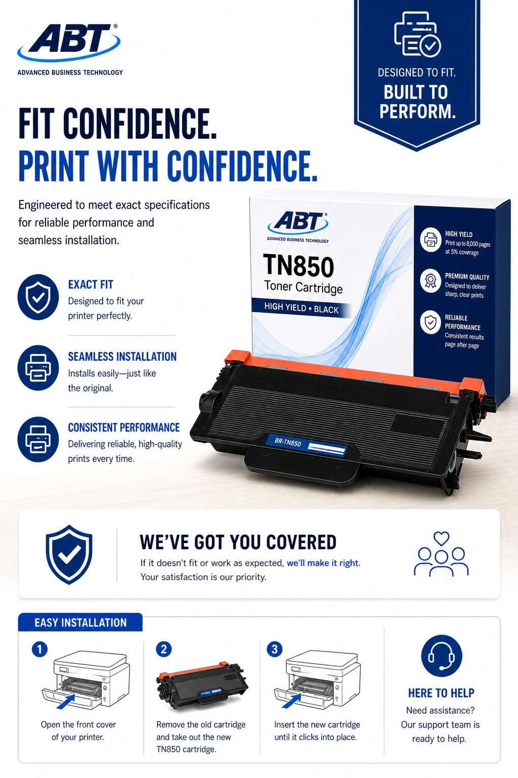 Product information view showcasing ABT TN850 toner cartridge confidence in printing with brand logo in blue, black, and w…