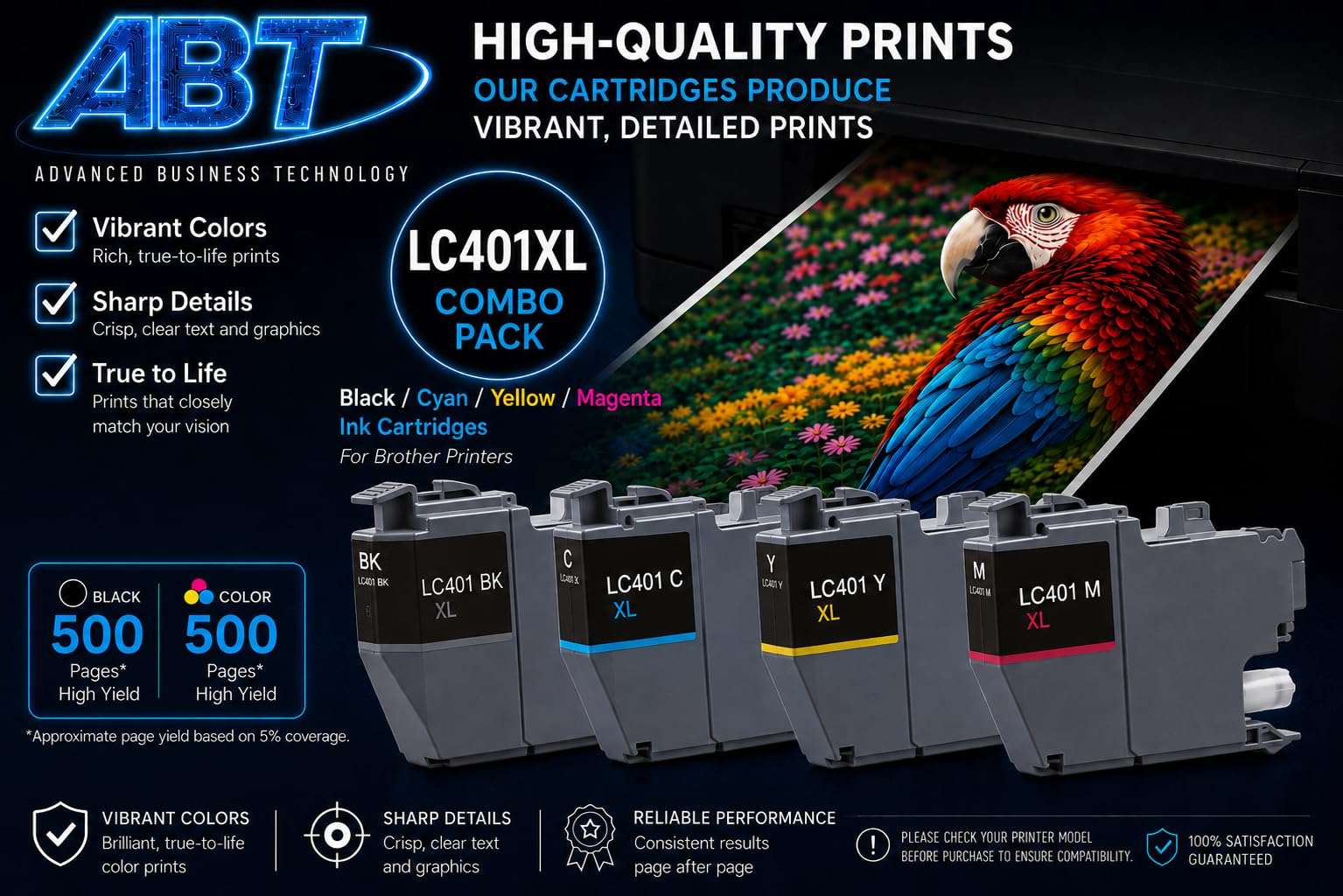 ABT Compatible LC401XL Ink Cartridge Combo Pack Replacement for Brother LC401XL Black Cyan Magenta Yellow Ink Cartridges High Yield Works with MFC-J1010DW MFC-J1012DW MFC-J1170DW