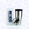 32oz stainless steel coffee caddy with black lid and clear circular insert