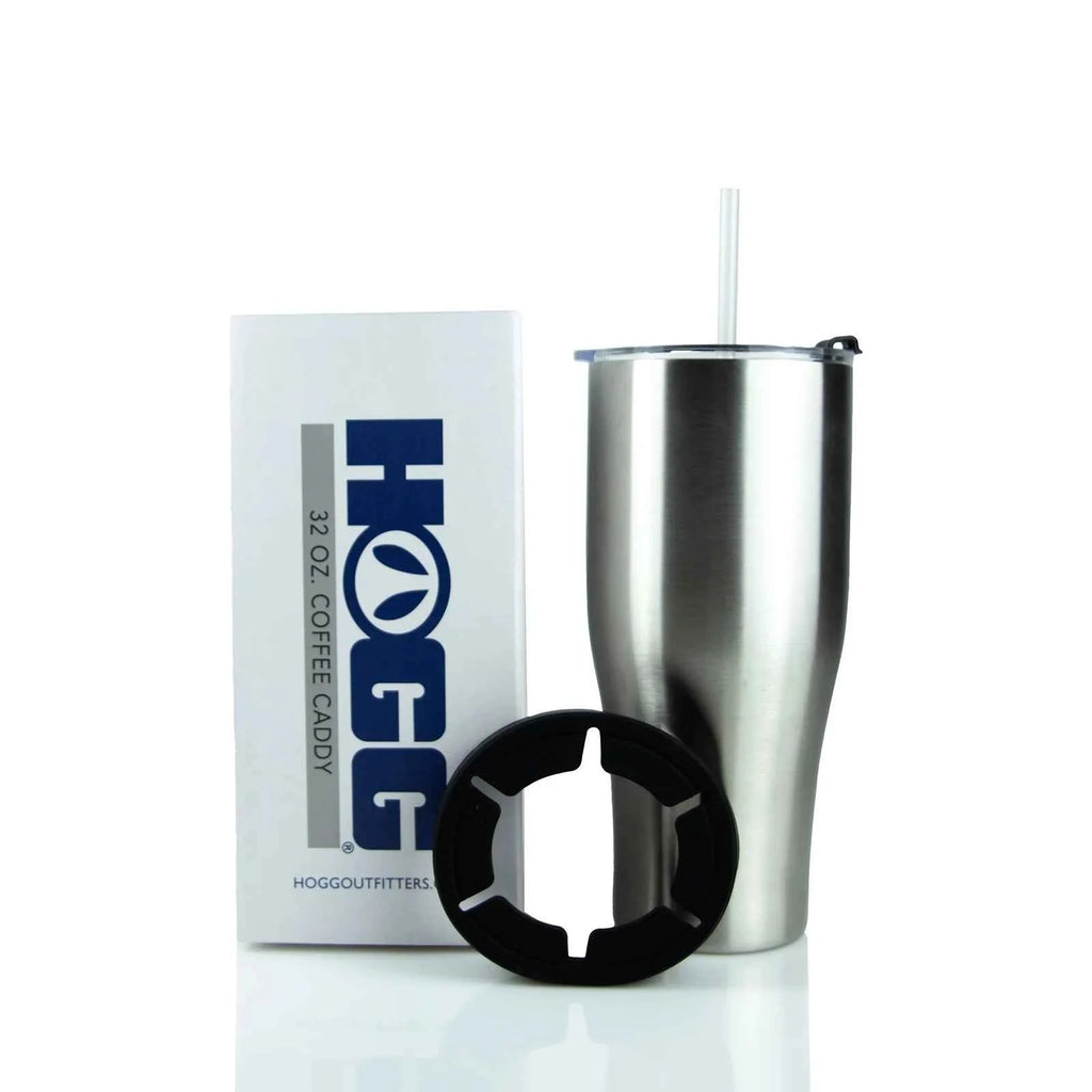 32oz stainless steel coffee caddy with black lid and straw