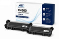 Packaging view of two ABT compatible TN660 toner cartridges in black, showcasing the 2-pack design.