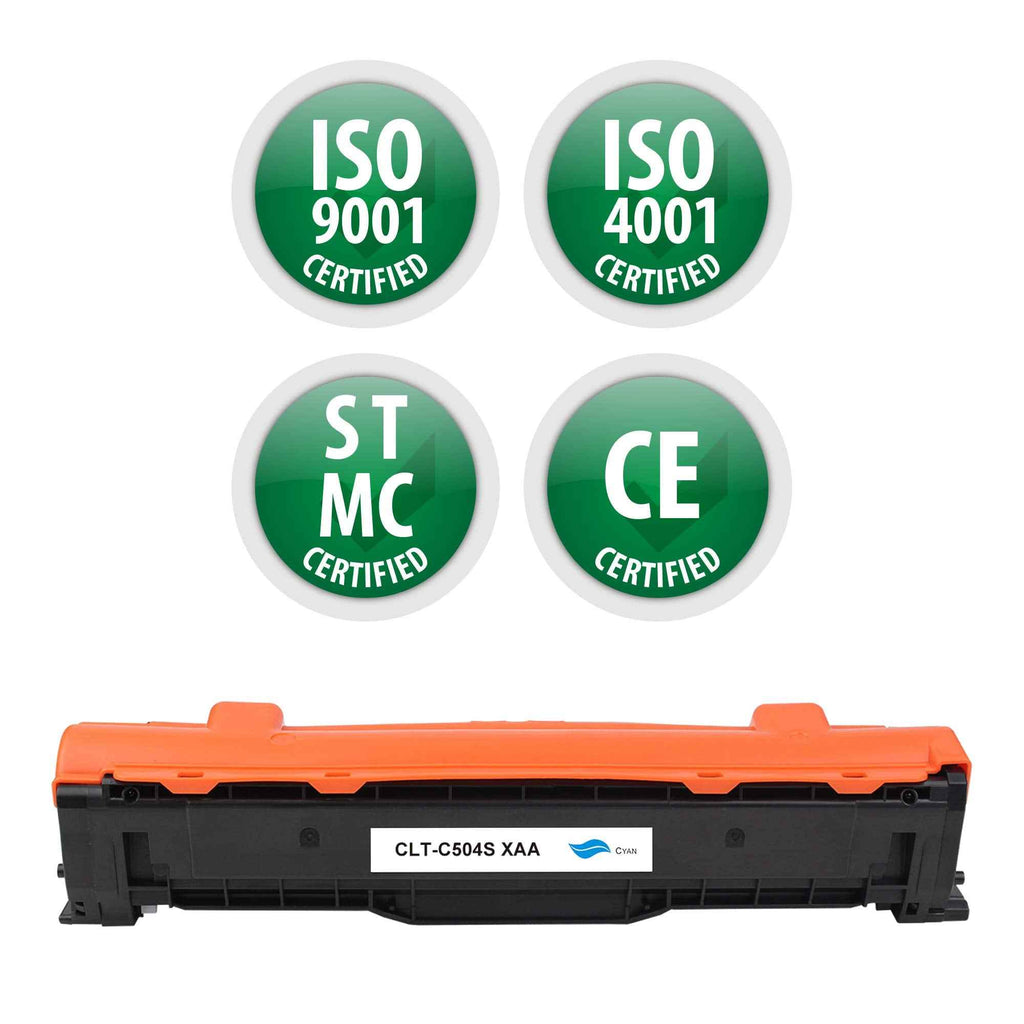 Cyan toner cartridge with orange top and black body, front view