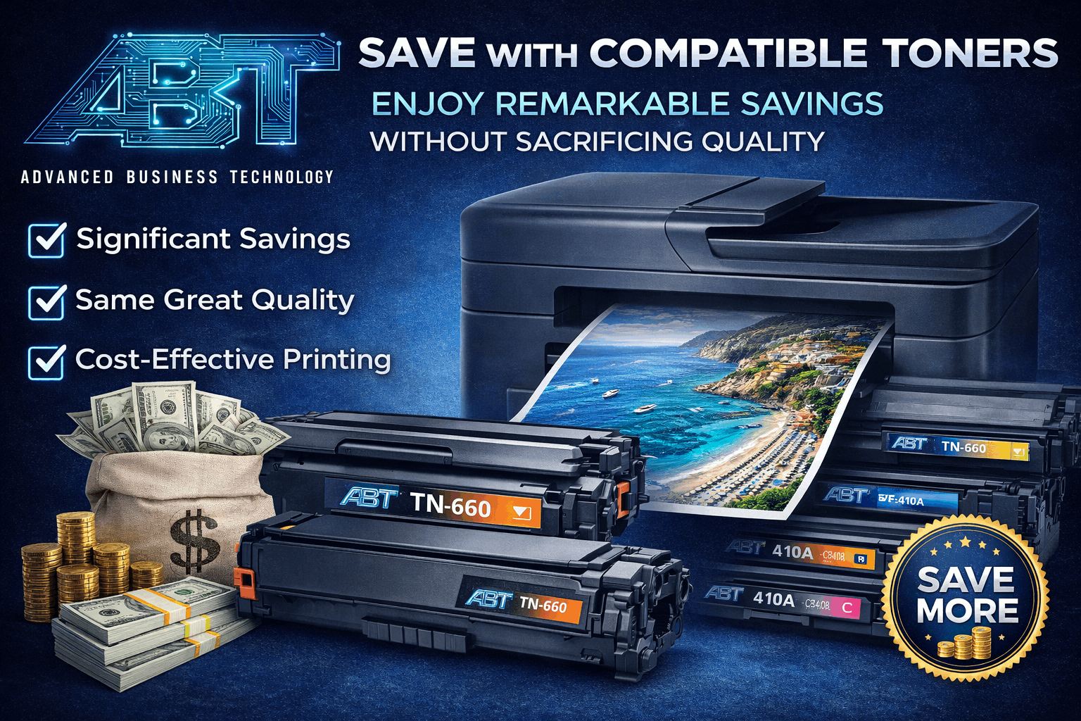 Lifestyle image showcasing savings with compatible toners, emphasizing cost-effective printing with blue and green colors.
