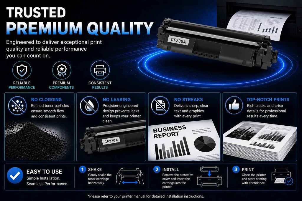 Features of ABT Compatible CF230A Toner Cartridge 2-Pack, showcasing premium quality and reliable performance.
