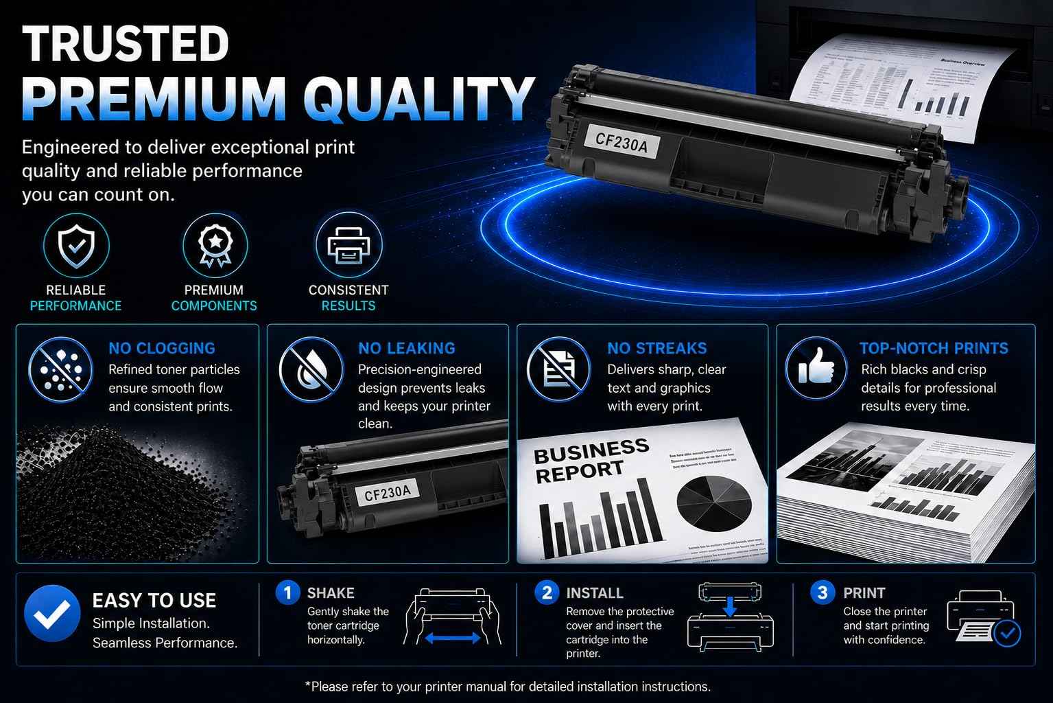 Features of ABT Compatible CF230A Toner Cartridge 2-Pack, showcasing premium quality and reliable performance.