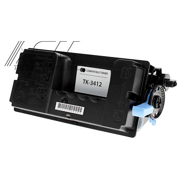 Black compatible toner cartridge labeled TK-3412 with barcode and side gear detail