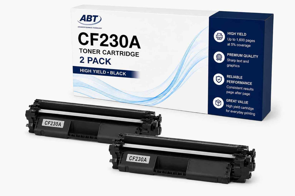 Packaging of ABT Compatible CF230A Toner Cartridge 2-Pack, featuring two black cartridges.