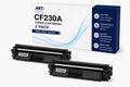 Packaging of ABT Compatible CF230A Toner Cartridge 2-Pack, featuring two black cartridges.