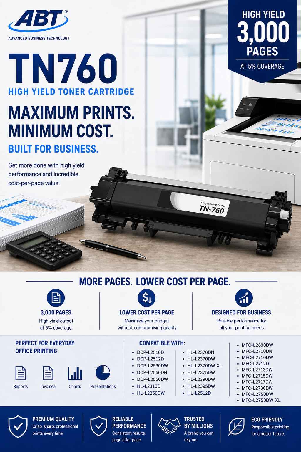 Packaging view of the TN760 toner cartridge flyer with product details in blue and white.