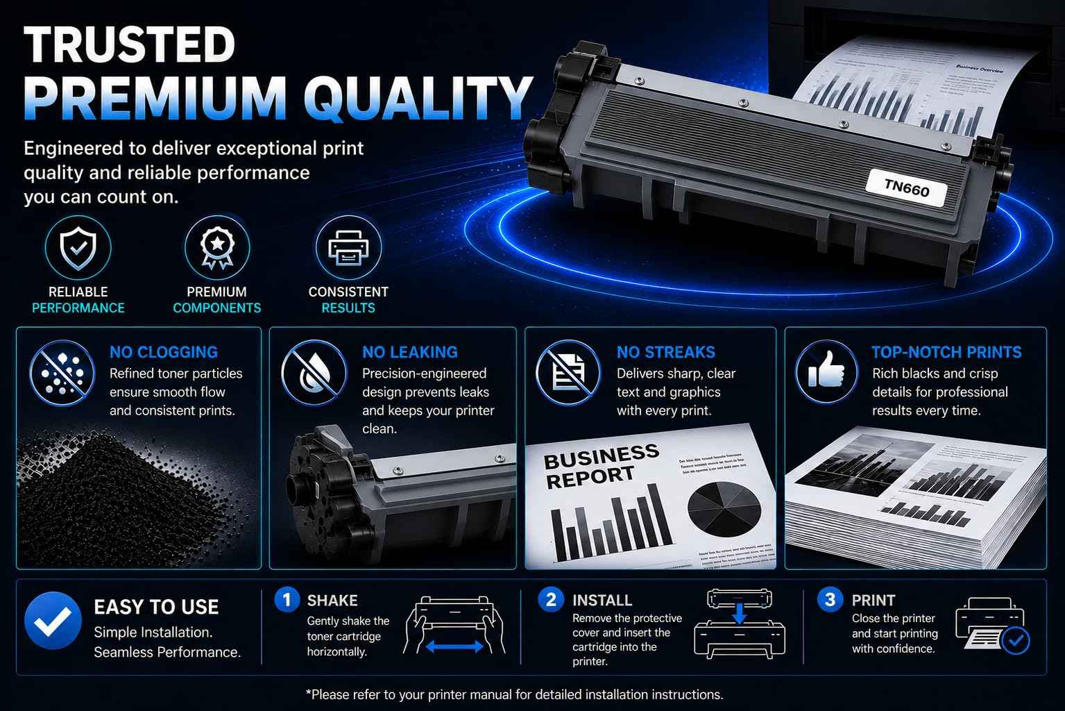 Close-up of ABT TN660 toner cartridge information with premium quality details in black and blue.