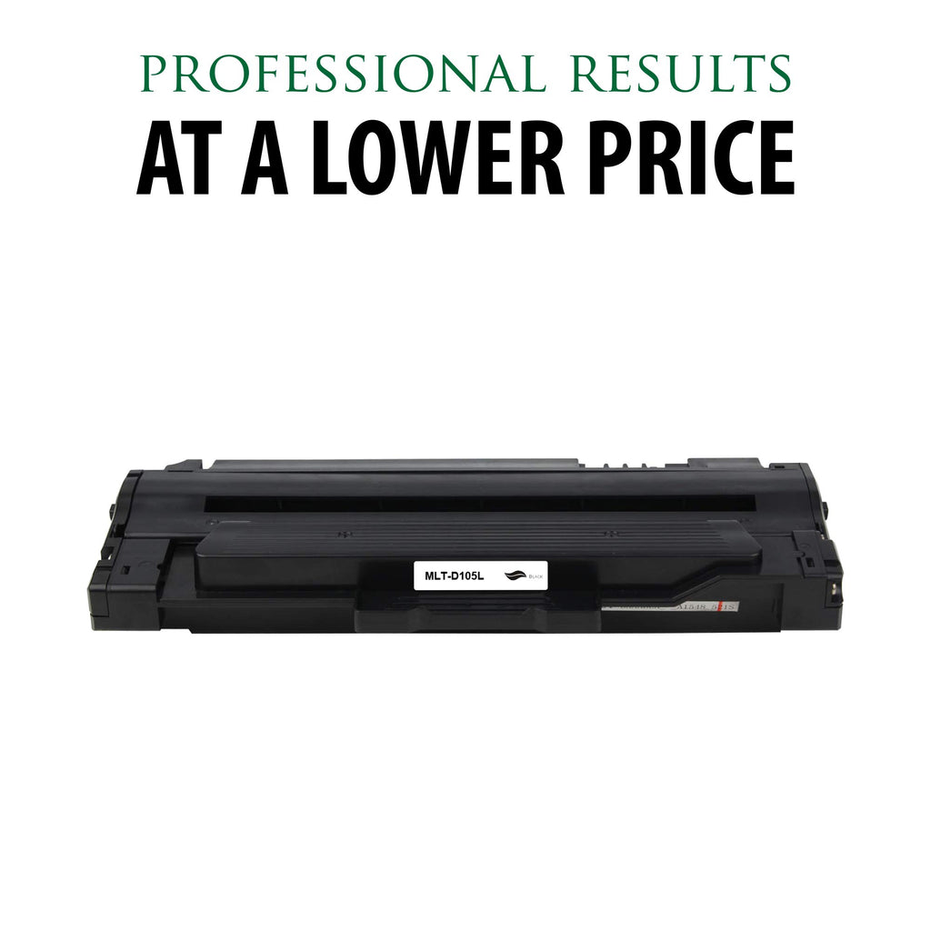 Black toner cartridge with professional results lower price text above