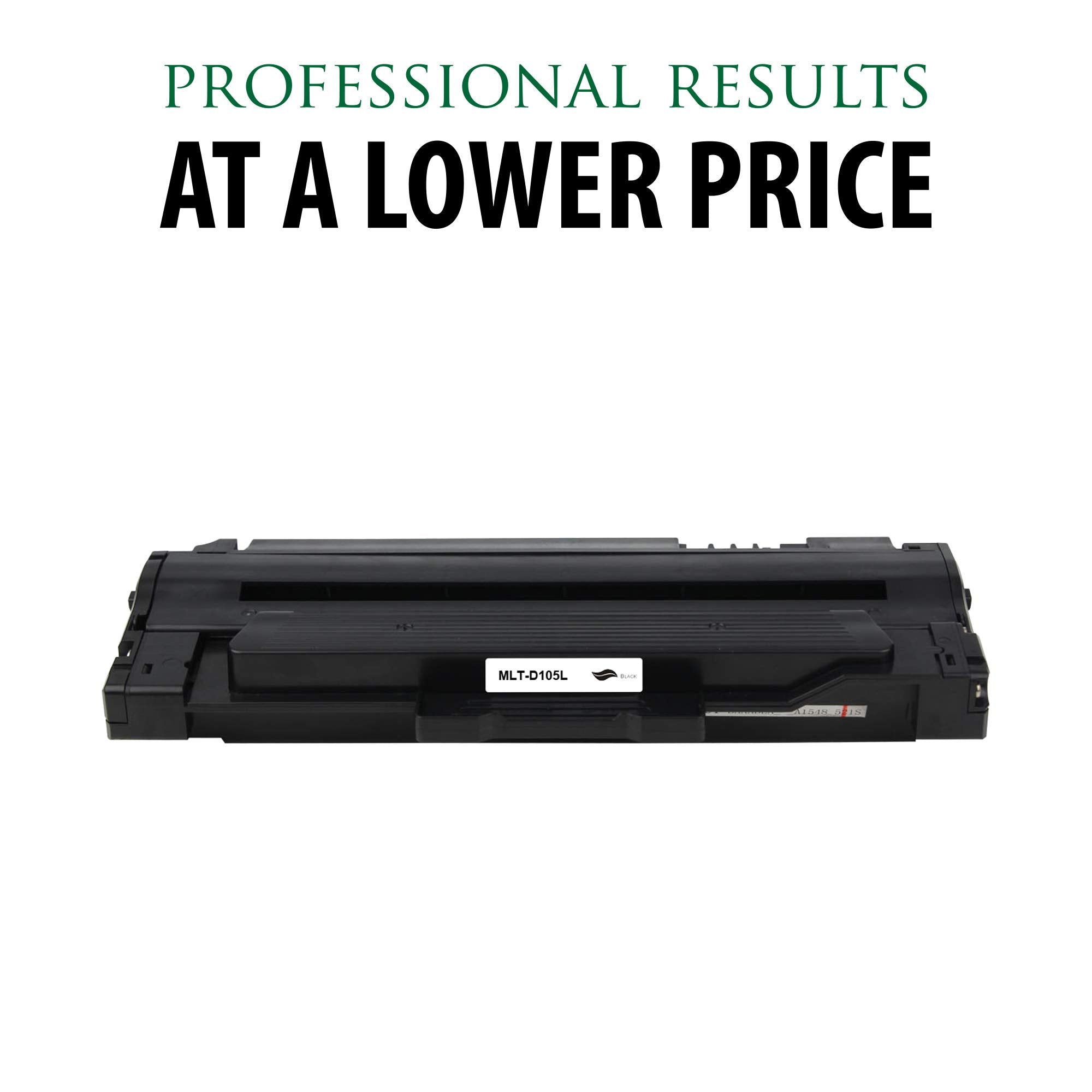 Black toner cartridge with professional results lower price text above