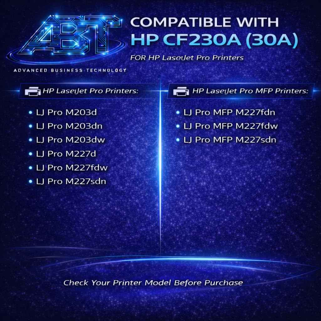 Compatible with HP CF230A (30A) toner cartridge, printer models listed